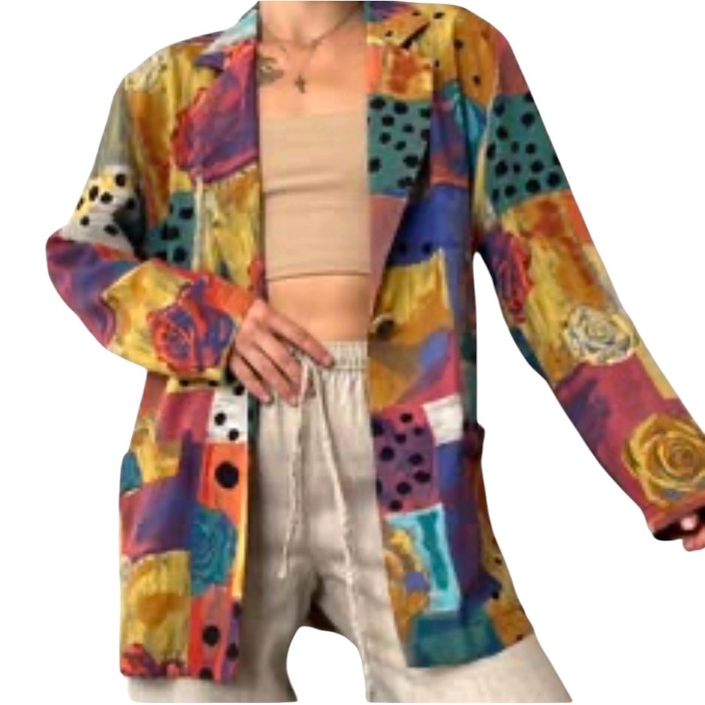 Vintage Saint Germaine Paris Multicolored Floral Polka Dot Rayon Blazer Size M